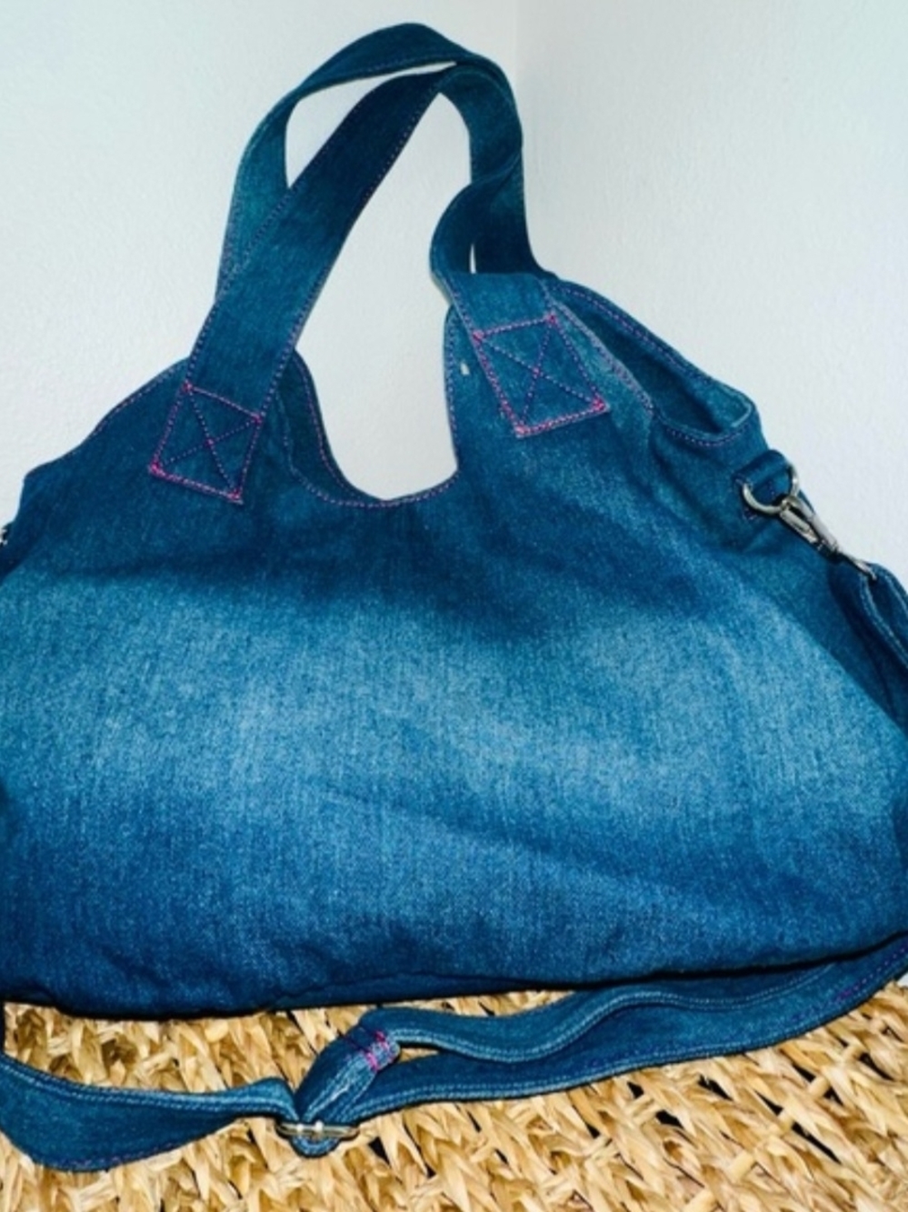 True Religion Denim Shoulder Bag with Pink Stitching - Picture 2 of 10